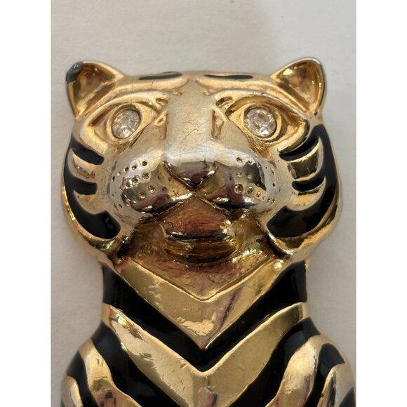 Vintage Tiger Brooch Pin Enamel Rhinestone Jewelry Art Deco Large Heavy Goldtone - Picture 2 of 7